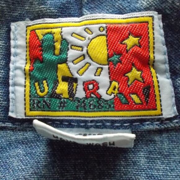 Vintage Denim Bejeweled Bat Wing Floral Embroidered Jean Jacket 80's Sz Large - Picture 3 of 8